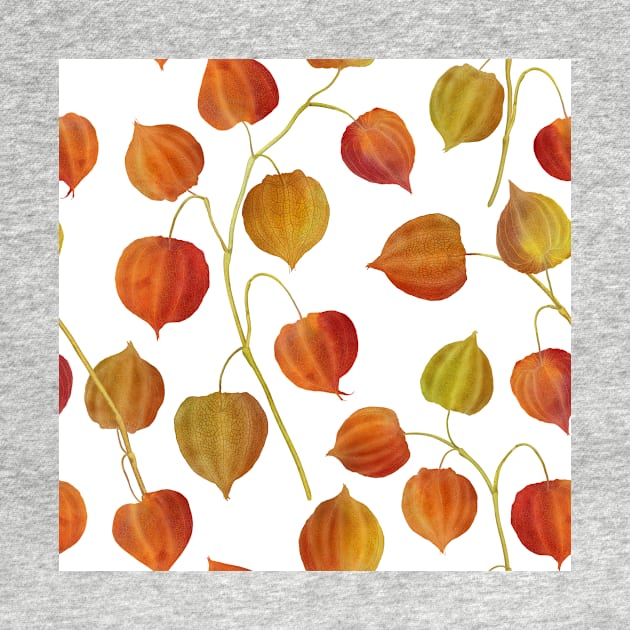 Physalis flowers watercolor seamless pattern. Golden berry plants. Cape gooseberry buds. Colorful autumn leaves structure by likapix